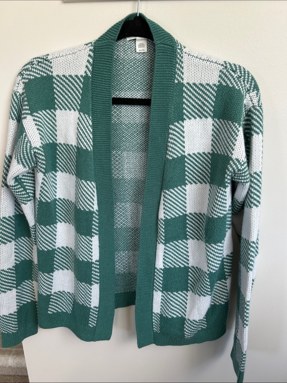 Ripzone Open-Front Green and White Check Knit Cardigan